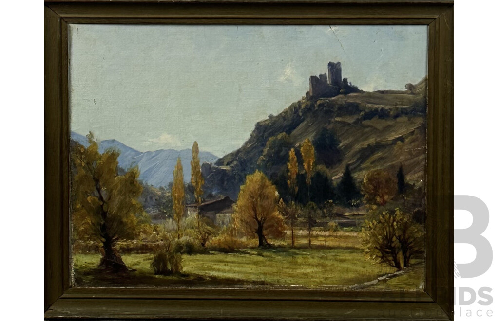 Artist Unknown, Hidden House and Castle Ruin, Vintage Oil on Canvas Board, 48 x 60 cm (frame)