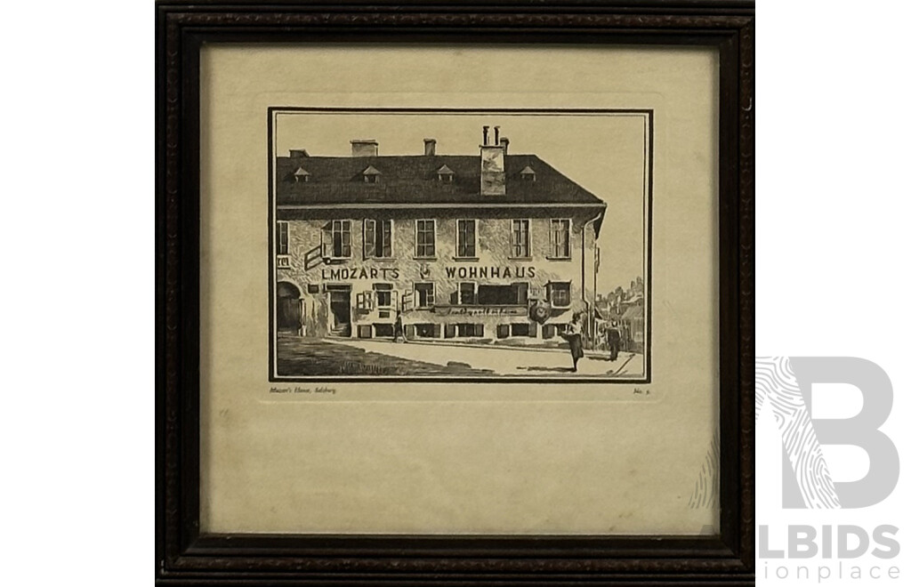 Artist Unknown, Mozart's Wohnhaus, Salzburg, Vintage Print of Original Etching, 27 x 27 cm (frame)
