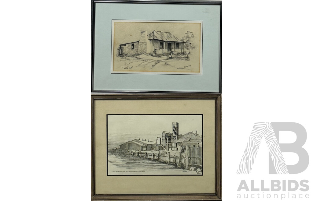 Lindsay Richards (20th C, Australian), John Perry Pty Ltd, Batemans Bay (1981), Ink & D.J. Cleverely, (20th C, Australian, Old Pioneer's Cottage, SA, Pencil Sketch, 37 x 50 cm (larger frame) (2)