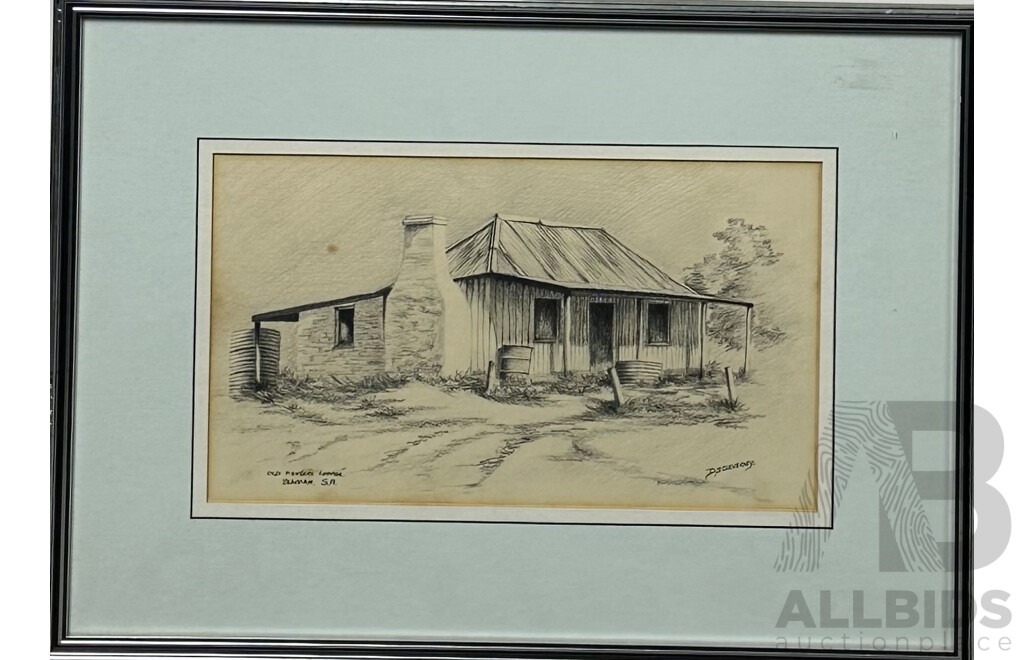 Lindsay Richards (20th C, Australian), John Perry Pty Ltd, Batemans Bay (1981), Ink & D.J. Cleverely, (20th C, Australian, Old Pioneer's Cottage, SA, Pencil Sketch, 37 x 50 cm (larger frame) (2)