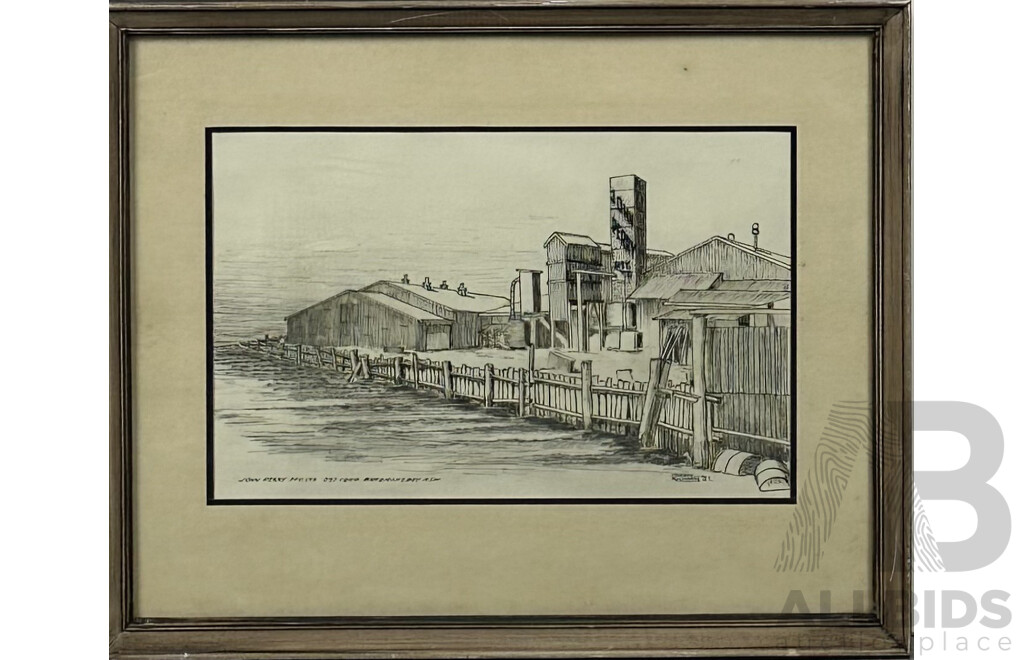 Lindsay Richards (20th C, Australian), John Perry Pty Ltd, Batemans Bay (1981), Ink & D.J. Cleverely, (20th C, Australian, Old Pioneer's Cottage, SA, Pencil Sketch, 37 x 50 cm (larger frame) (2)