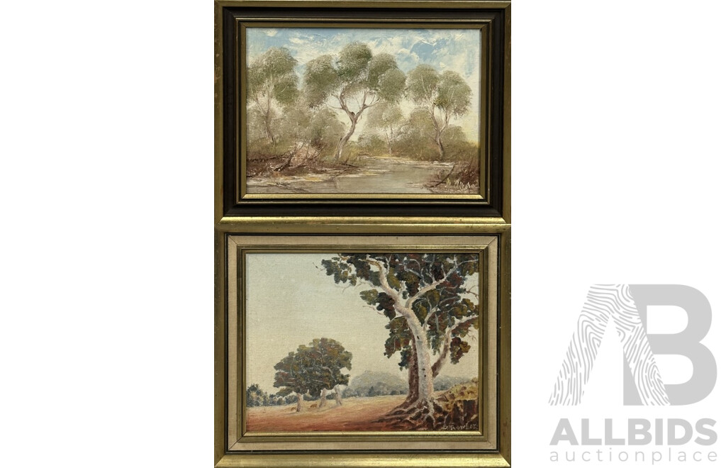 D. Rowley (20th Century) Gum Trees, 39 x 47 cm (frame) & Artist Unknown, (20th Century), Gum Trees by River Bed, 30 x 37.5 cm (frame), Lovely Pair of Vintage Actylic on Boards, (2)