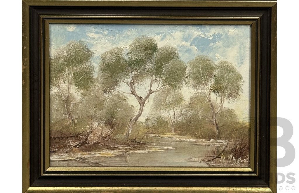 D. Rowley (20th Century) Gum Trees, 39 x 47 cm (frame) & Artist Unknown, (20th Century), Gum Trees by River Bed, 30 x 37.5 cm (frame), Lovely Pair of Vintage Actylic on Boards, (2)