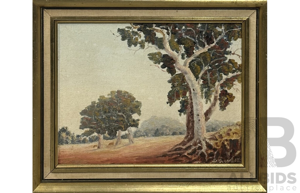 D. Rowley (20th Century) Gum Trees, 39 x 47 cm (frame) & Artist Unknown, (20th Century), Gum Trees by River Bed, 30 x 37.5 cm (frame), Lovely Pair of Vintage Actylic on Boards, (2)