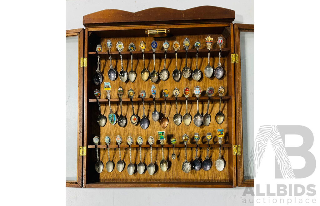 Collection of Vintage Souvenir Teaspoons in Glass and Wooden Wall Mounted Display Case