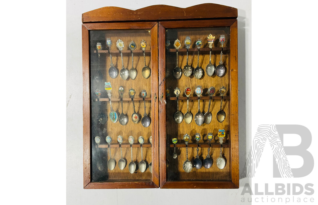 Collection of Vintage Souvenir Teaspoons in Glass and Wooden Wall Mounted Display Case