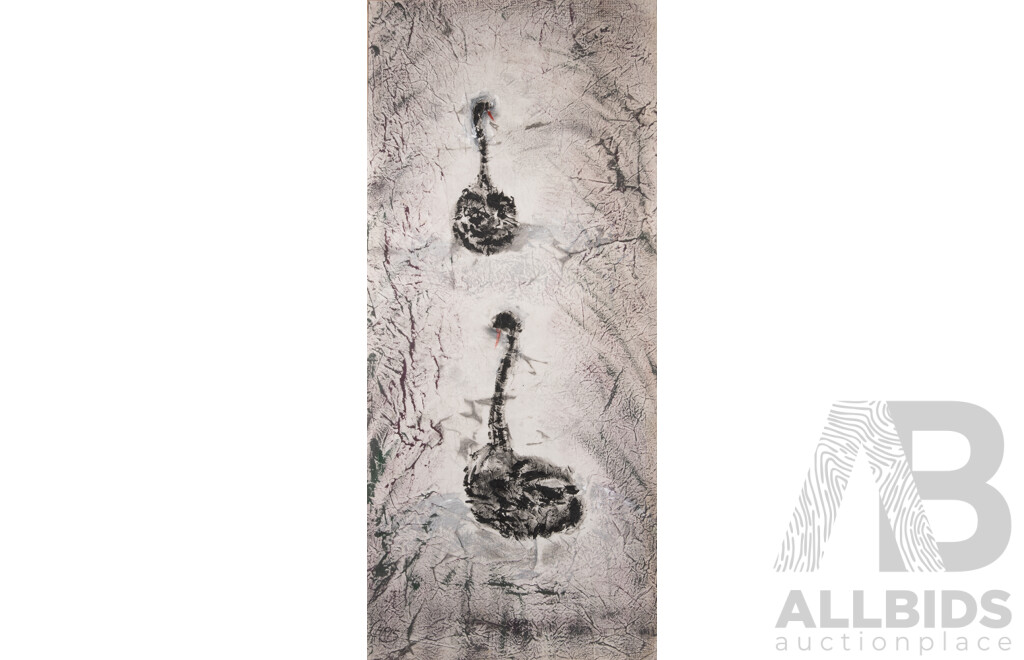 Chris (Last Name Unknown), (20th Century), Black Swans, Wonderful Mixed Media Acrylic & Pigment Dye on Cloth, 105 x 46 cm (edge to edge)