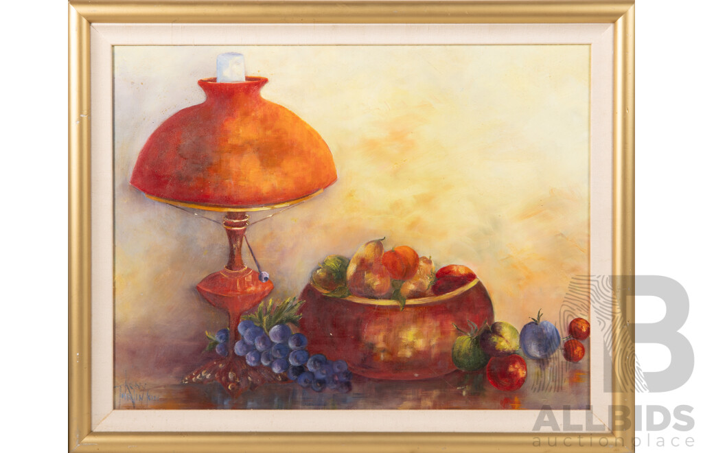 Kerry Tarlinton, (20th Century, Australian), Still Life Lamp with Fruit Bowl, Wonderful Original Oil on Masonite Board, 47 x 59 cm (frame)