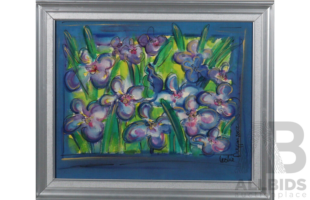 Leslie Duggan, (20th Century, New Zealander), Violet Garden (2002), Original Mixed Media Fabric Paint and Ink on Cloth, 50 x 60 cm (frame)