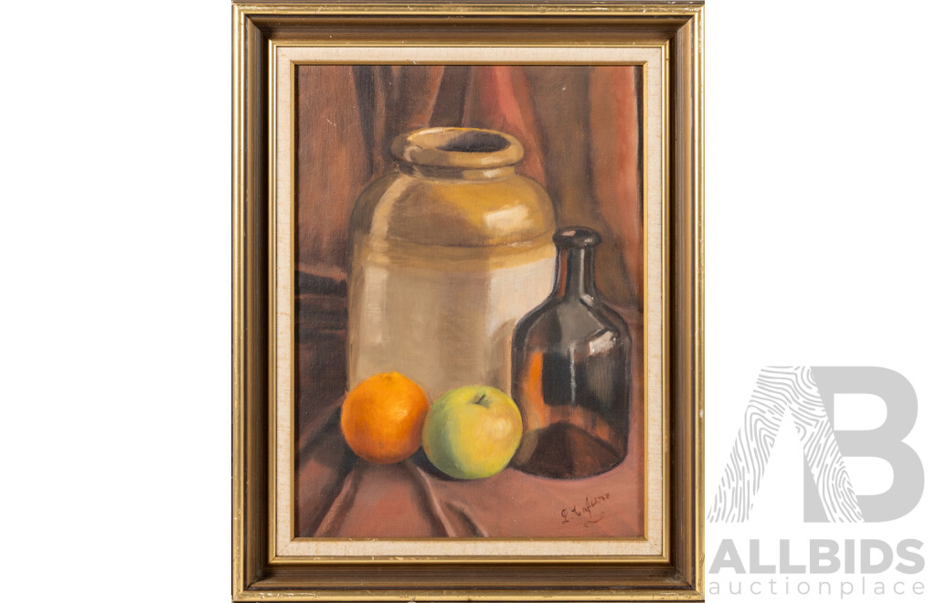 L.Cafure, (20th Century), Still Life - Fruit with Bottle and Jar, Vintage Oil on Canvas, 50 x 40 cm (frame)