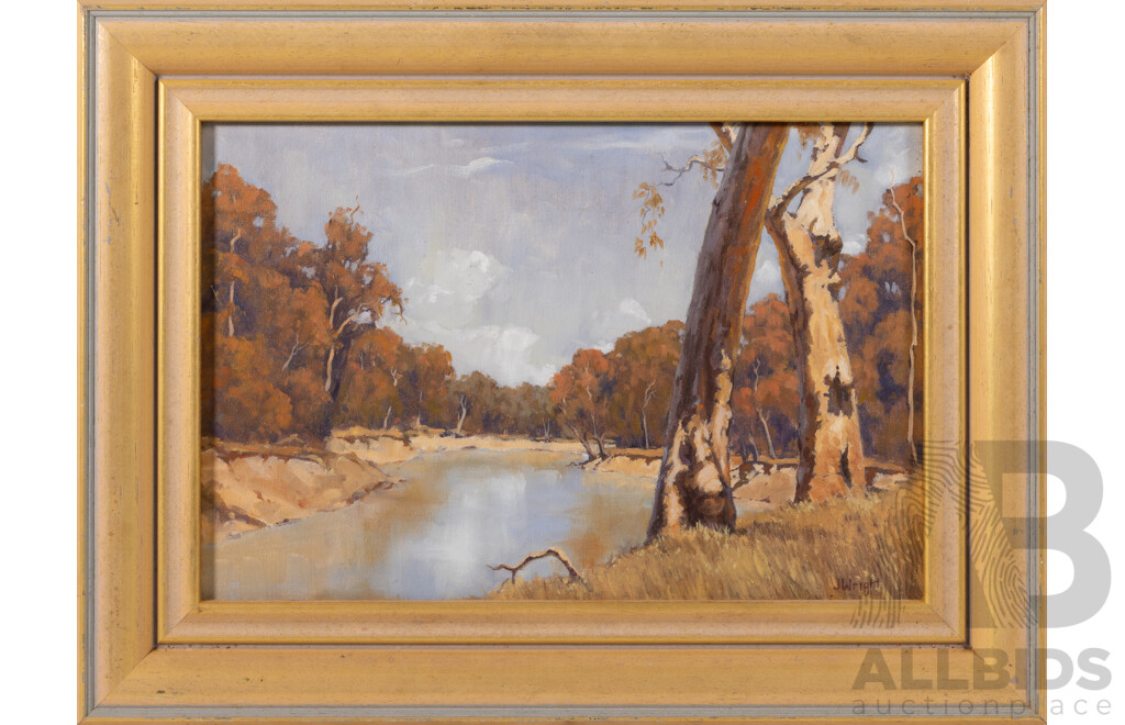 J. Wright, (20th Century, Australian) Murrumbidgee River Bend Near Whitton, Original Vintage Oil on Canvas Board, 40 x 53 cm (frame)