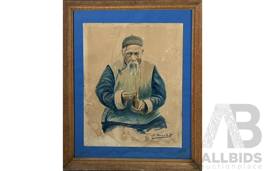 G. Yahsor (Asian School, 20th Century), Old Man with Pipe, Original Vintage Watercolour, 58.5 x 45.5 cm (frame)