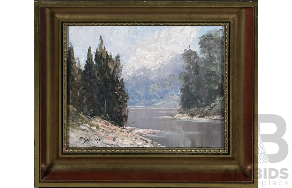 M. Gilmore (20th Century, Australian), Early Morning on the River, Vintage Acrylic on Canvas Board, 36 x 41 cm (frame)