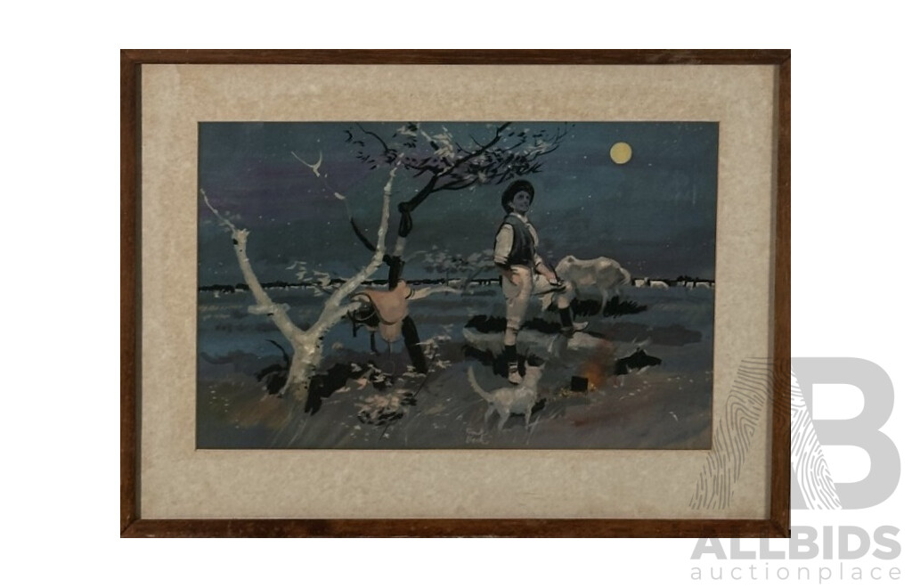 Frank Beck, (20th Century, Australian, 1916-86), Swagman Camping at Night, Lovely Vintage Reproduction Print, 34 x 46 cm (frame)
