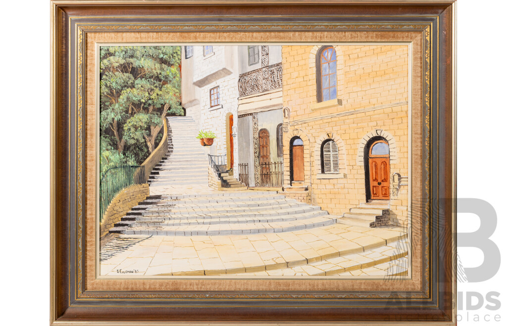 G. Coleman (20th Century, Australian), Agar Stairs, the Rocks, Sydney (1985), Wonderful Original Oil on Canvas, 62 x 77 cm (frame)