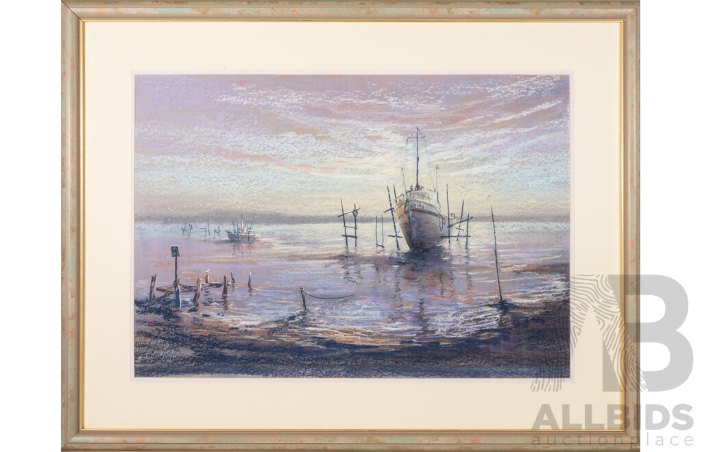 Lee Miller, (20th Century, Australian), Lone Boats at Dawn, Wonderful Original Pastel on Canvas, 106 x 82 cm (frame)