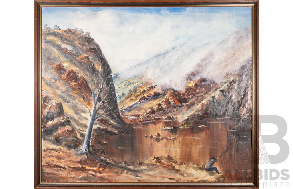 M. Agostino, (20th Century) Fishing in Still Waters (1979), Lovely Original Vintage Oil on Canvas Cloth, 106 x 125 cm (frame)