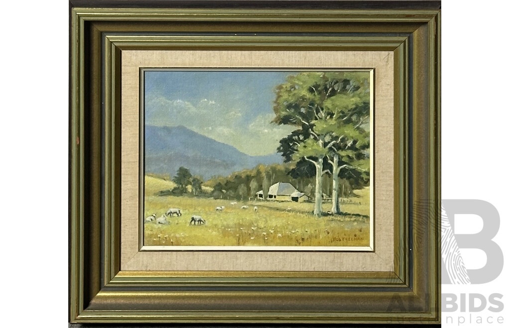 Rob Freeman (Contemporary), Animals Grazing in the Pasture Landscape, Oil on Canvas Board, 19 x 24 cm (image)