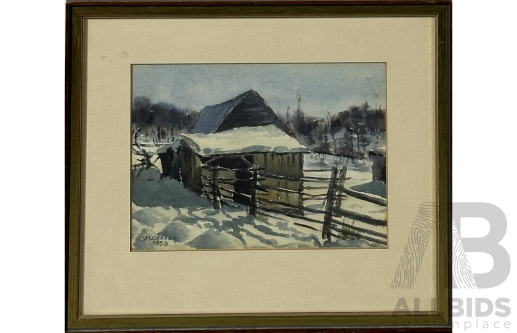 C.H.Dracon (working 1958), Snowy House, Lovely Vintage Watercolour on Card, 27 x 31.5 cm (frame)