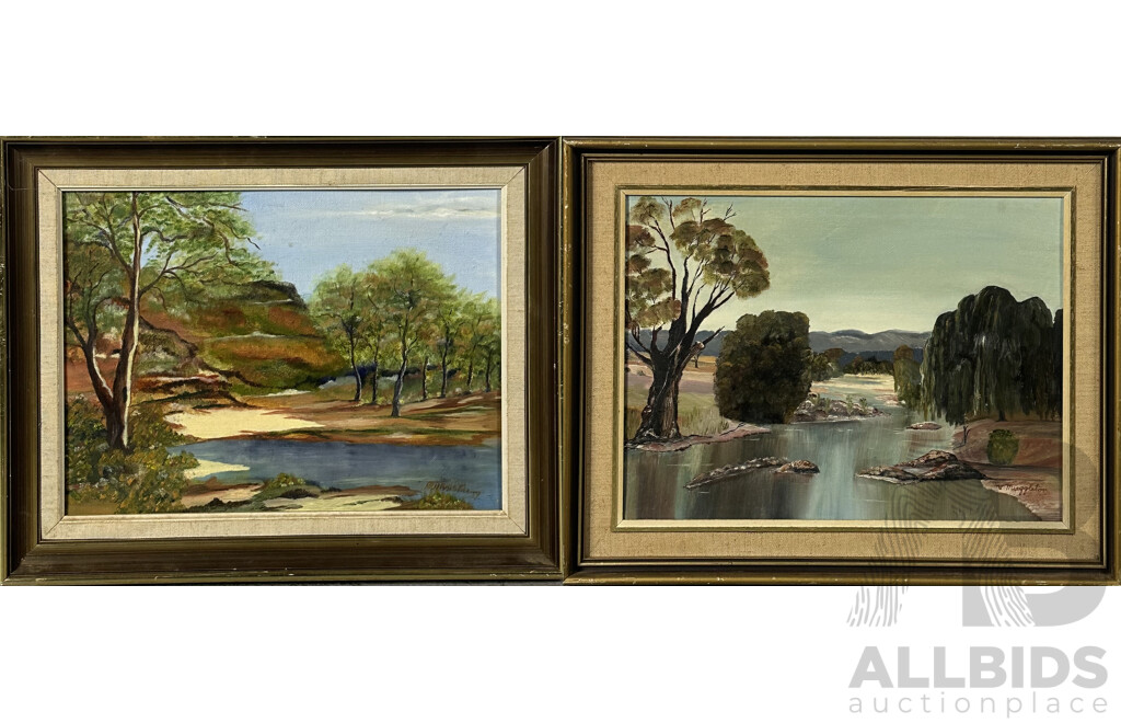 V. Muggleton and M. Armstrong (Australian, Working C 1980s), Kangaroo Valley Landscape and Flinders Ranges, Oils on Canvas Board, 40 x 51 cm (largest Frame)