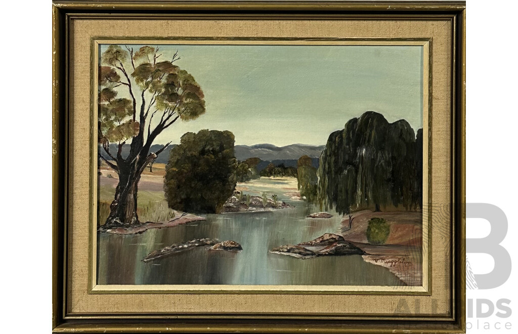 V. Muggleton and M. Armstrong (Australian, Working C 1980s), Kangaroo Valley Landscape and Flinders Ranges, Oils on Canvas Board, 40 x 51 cm (largest Frame)