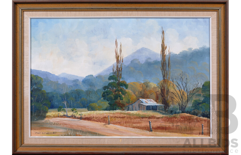 Frank Mitchell, (20th Century, Australian, 1937-), Country House by the Blue Mountains (1980), Signed and Dated Lower Left, Oil on Canvas Board, 52 x 72 cm (frame)