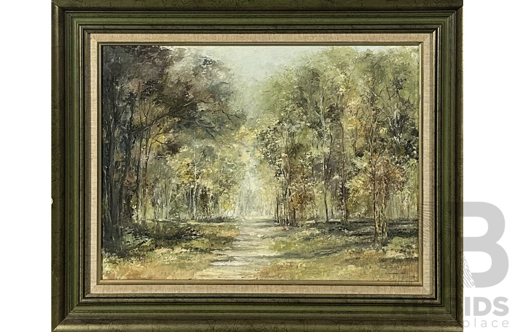 C. Browne, (Working c1980s), 'Country Peace', Path Amongst the Trees, Oil on Canvas, 62 x 77 cm (frame)