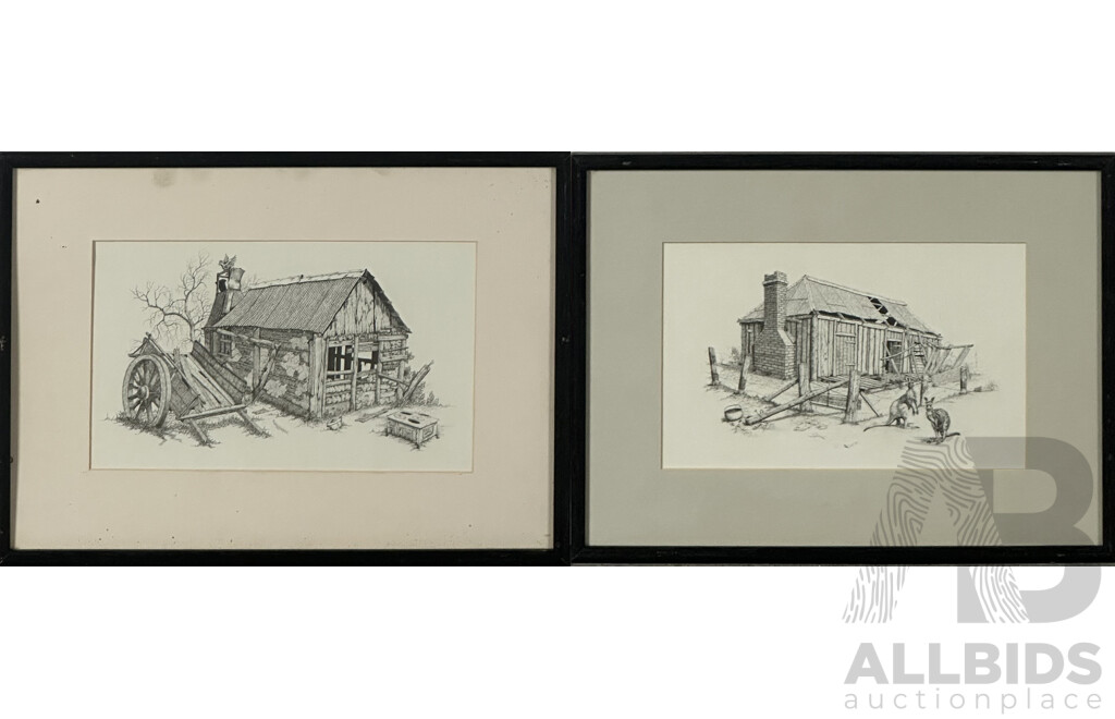 Artist Unknown, Bush Shed with Broken Oven and Wagon, and Bush Shed with Kangaroos, Pair of Vintage Reproduction Prints of Original Pen and Ink Drawings, 31 x 41 cm (frames)