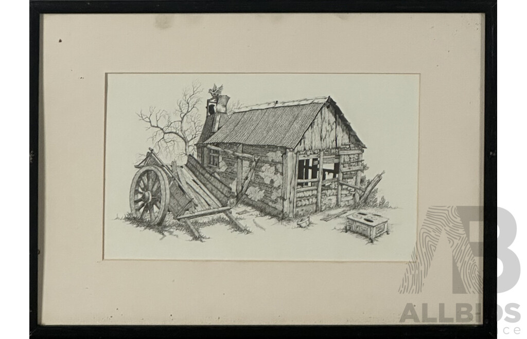 Artist Unknown, Bush Shed with Broken Oven and Wagon, and Bush Shed with Kangaroos, Pair of Vintage Reproduction Prints of Original Pen and Ink Drawings, 31 x 41 cm (frames)