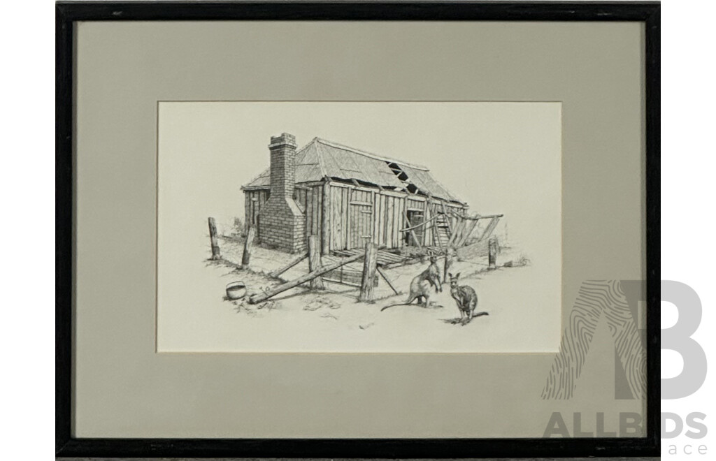 Artist Unknown, Bush Shed with Broken Oven and Wagon, and Bush Shed with Kangaroos, Pair of Vintage Reproduction Prints of Original Pen and Ink Drawings, 31 x 41 cm (frames)