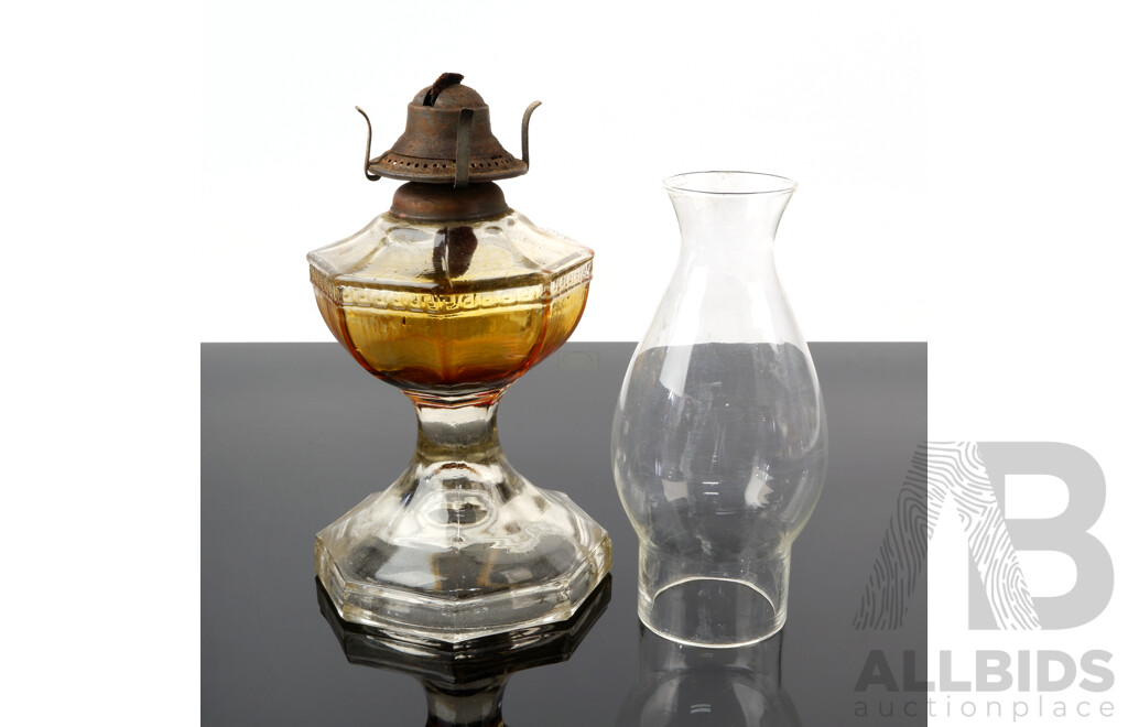 Antique Amber Glass Oil Lamp with Brass Fittings and Glass Chimney