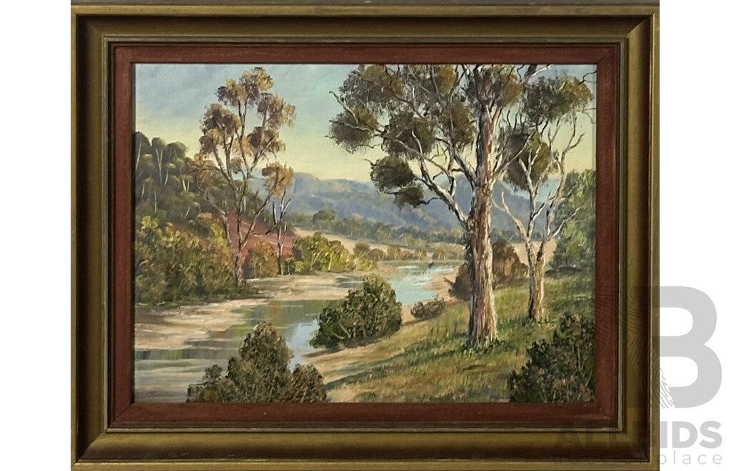 Artist Unknown, Creek Winding Through The Australian Bush, Vintage Oil on Canvas Board, 40 x 50 cm (frame)