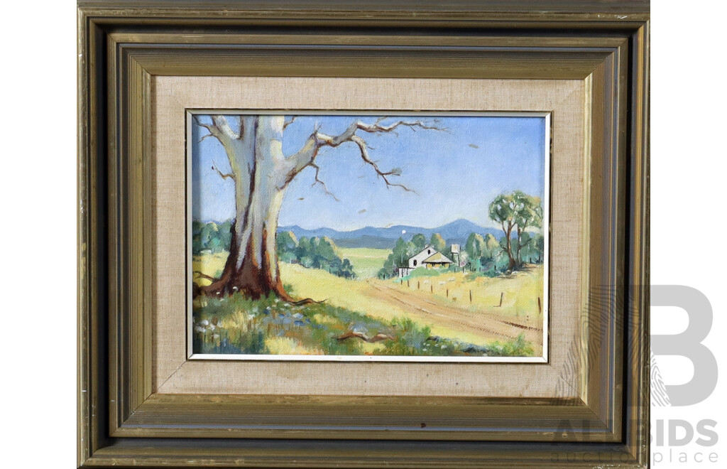 Artist Unknown, Country Home Flanked by Gumtree and Blue Mountains, Oil on Canvas Panel, 33 x 40 cm (frame)