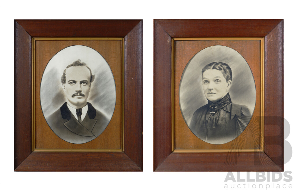 Pair of Splendid Vintage Portraits of Unnamed Man and Woman, Watercolour and Ink, C1800s, 69 X 58 Cm (frames)