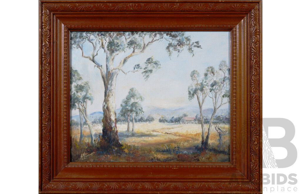 M.McCorquadale, (Australian School, Date Unknown), Country Cottage Among the Gum Trees and Magpie, Oil on Canvas, 54 x 61.5 cm (frame)