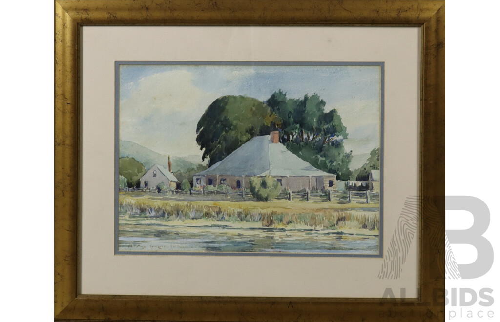 Artist Unknown, Old Cottages, Somerset, N.W. Tasmania, Vintage Original Watercolour, 44 x 54 cm (frame)