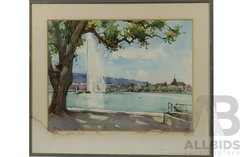 Marc, (Date Unknown), Rade De Geneve, Jet D'Eau, Cathedrale Et Voilier (Geneva Harbour, Water Jet, Cathedral and Sailboat), Vintage Watercolour, 30 x 40 cm (image)