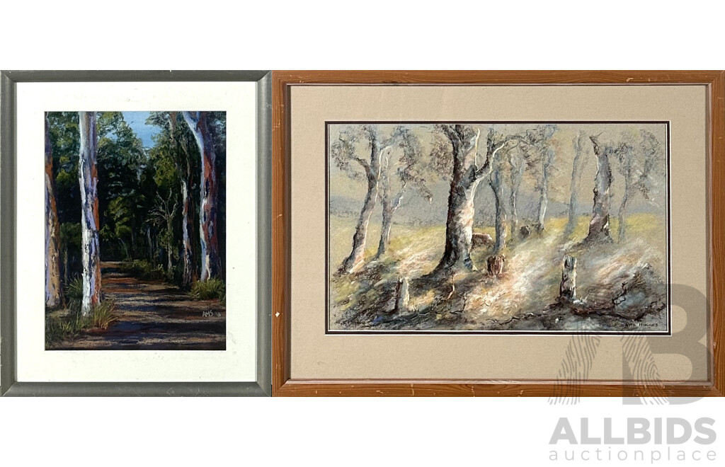 AMS (2016) and Rita Hughes, Forest Trail and Out Bush, Pair of Lovely Landscapes in Solid Frames, Pastel on Paper, 48 x 65 cm (larger frame) (2)