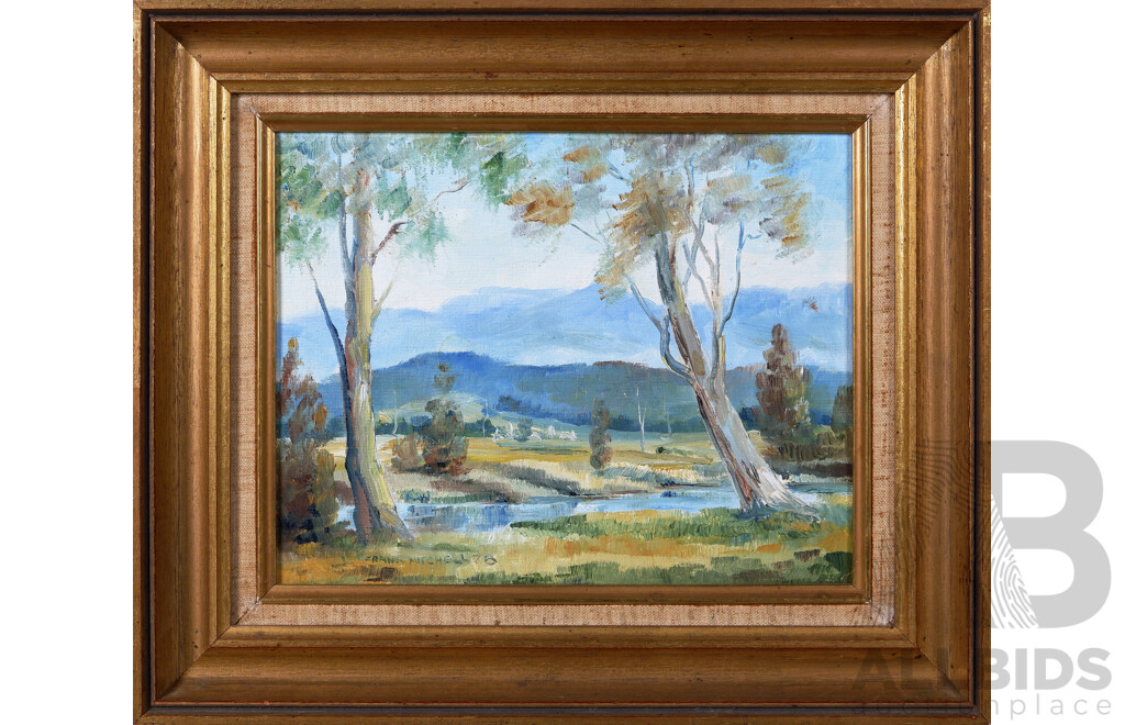 Frank Mitchell, (20th Century, Australian, 1937-), Blue Mountains Over Tranquil Billabong, Oil on Canvas, 31 x 37 cm (frame)