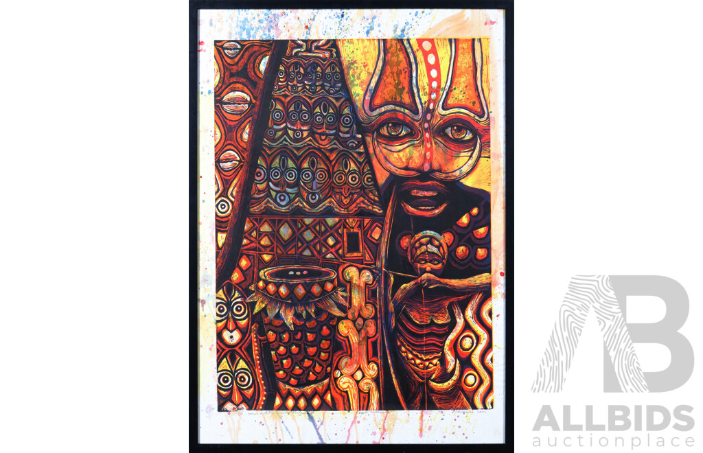 Daniel Waswas, (20th Century, Papua New Guinean, 1973-), Multi Culturalism, (2000), Linocut Printed in Colour From Four Blocks with Washed Background, Artist's Proof, 93 x 68 cm (frame)