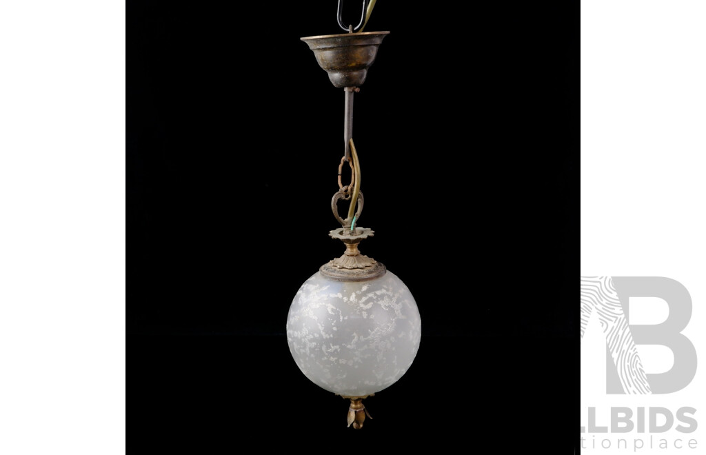 Vintage Hanging Electric Light with Frosted Textured Glass Shade and Copper and Brass Fittings