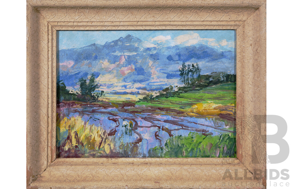 Quite Wonderful Vintage Landscape, (c1940-50s) Exploring the River Leading Toward the Blue Mountains, Oil on Canvas, 35 x 45 cm (frame)