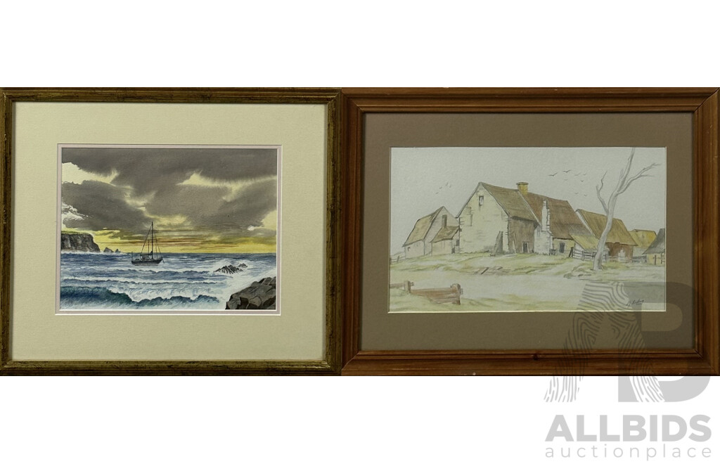 S.J Hocking & Unknown, Pair Early Aughts Landscapes, Country Homestead and Lone Boat, Pencil & Watercolour and Watercolour, 40 x 47 cm (larger frame) (2)