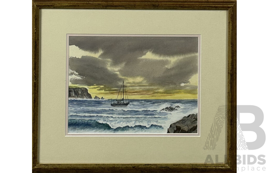 S.J Hocking & Unknown, Pair Early Aughts Landscapes, Country Homestead and Lone Boat, Pencil & Watercolour and Watercolour, 40 x 47 cm (larger frame) (2)