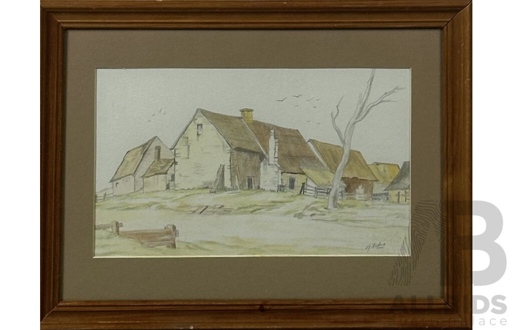 S.J Hocking & Unknown, Pair Early Aughts Landscapes, Country Homestead and Lone Boat, Pencil & Watercolour and Watercolour, 40 x 47 cm (larger frame) (2)