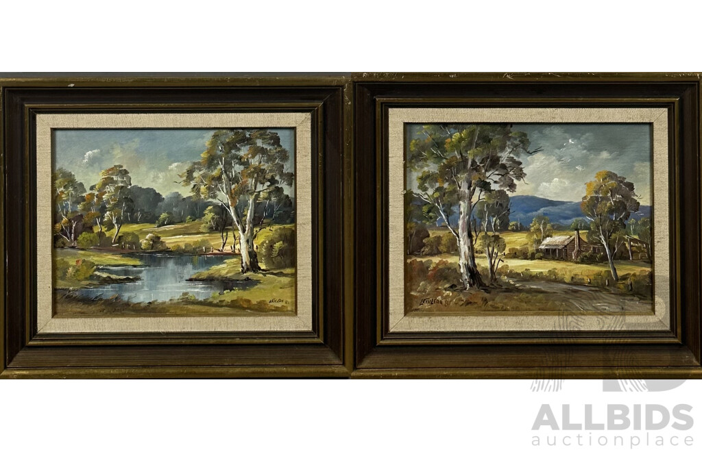 Pamela Lethlean, (Australian, ?-2021), Bush Cottage and Dam by the Gumtrees, Pair of Early EIghties Oil on Canvas Board, 19 x 24 cms (frames) (2)