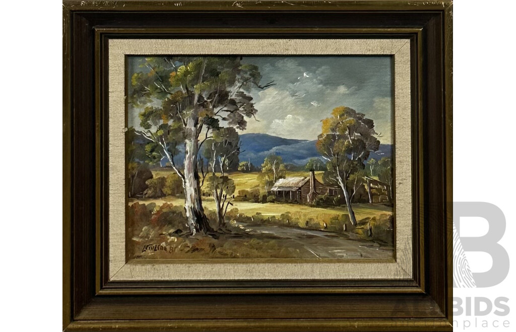 Pamela Lethlean, (Australian, ?-2021), Bush Cottage and Dam by the Gumtrees, Pair of Early EIghties Oil on Canvas Board, 19 x 24 cms (frames) (2)