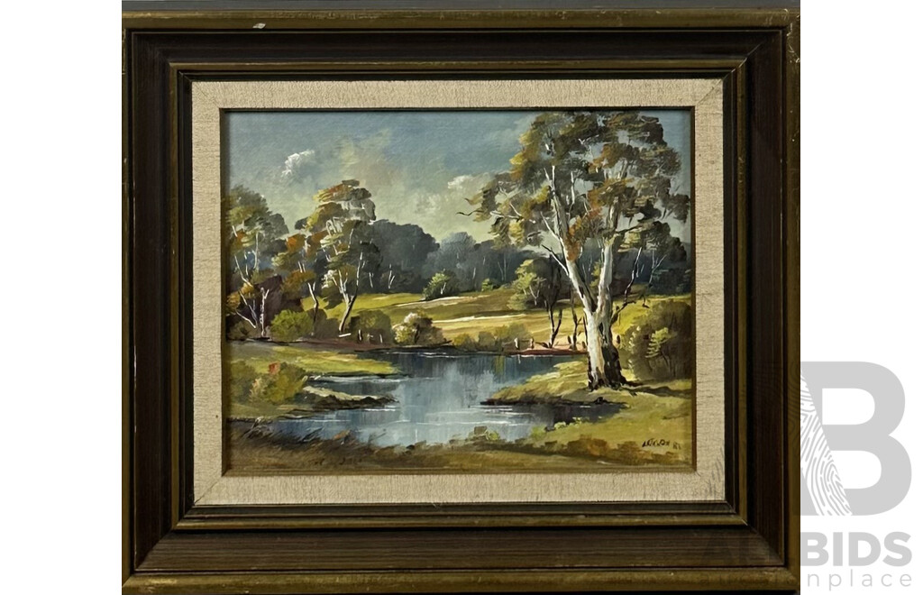 Pamela Lethlean, (Australian, ?-2021), Bush Cottage and Dam by the Gumtrees, Pair of Early EIghties Oil on Canvas Board, 19 x 24 cms (frames) (2)