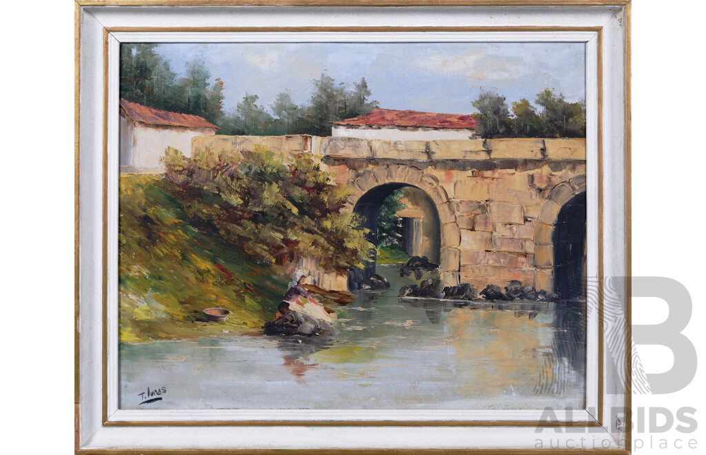 T. Lunas (20th Century, Possibly Spanish School), Washing Clothes by Stone Bridge, Vintage Oil on Canvas