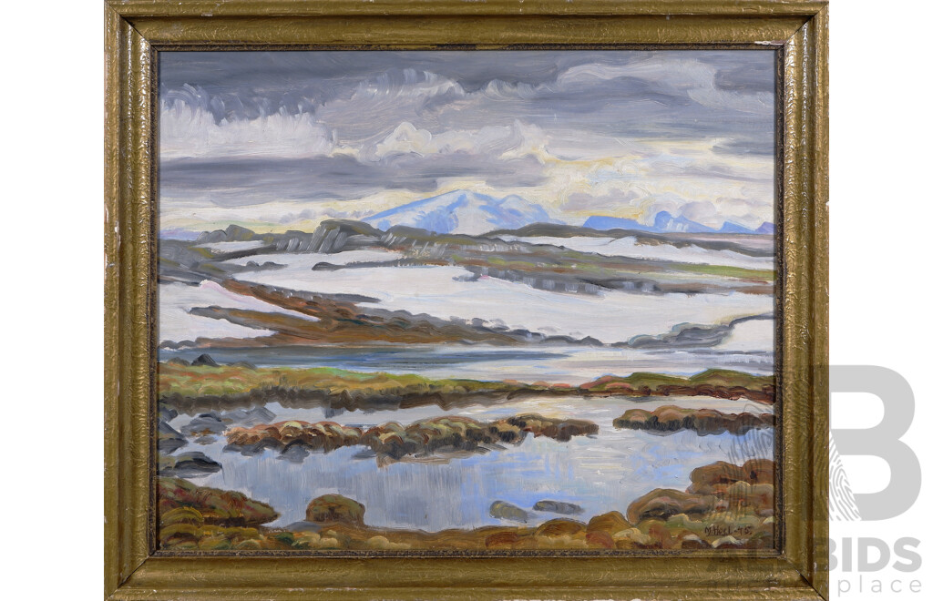 Mikael Hoel, (20th Century, Norwegian, 1894-1984), Stormskyer Over Elvemunningen (Storm Clouds Over the Estuary), (1945), Oil on Board